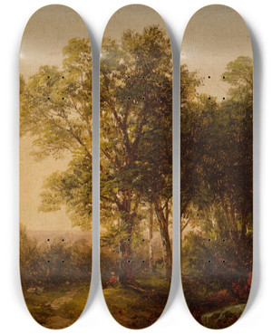 Triptych art skateboard deck of John William Casilear Solitude by John William Casilear (1811-1893)