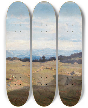 Triptych art skateboard deck of Pierre Thuillier A View Of An Alpine Landscape by Pierre Thuillier (1799-1858)
