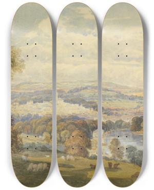 Triptych art skateboard deck of William Havell View Of Totnes Devon by William Havell (1782-1857)
