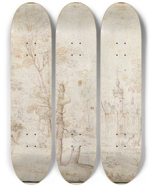 Triptych art skateboard deck of Jacob Grimmer Moated Castle And Village by Jacob Grimmer (1525-1590)