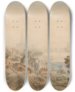 Triptych art skateboard deck of William Henry Pyne Old London View From St James Park Looking East_1 by William Henry Pyne (1769-1843)