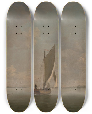 Triptych art skateboard deck of Charles Brooking A Smack Under Sail In A Light Breeze In A River by Charles Brooking (1723-1759)