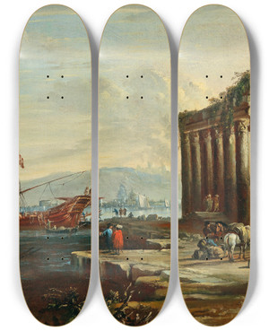 Triptych art skateboard deck of Johann Anton Eismann A Mediterranean Harbor With Ruins And Figures by Johann Anton Eismann (1604-1698)