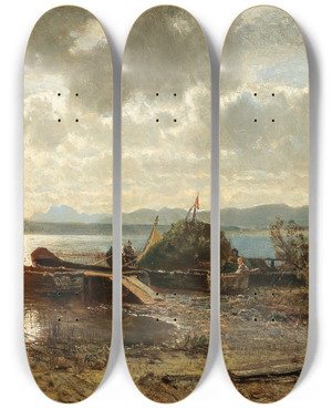 Triptych art skateboard deck of Robert Russ Abend Am Chiemsee by Robert Russ (1847-1922)