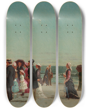 Triptych art skateboard deck of Samuel S Carr Punch And Judy Show On The Beach by Samuel S Carr (1837-1908)