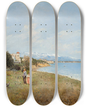Triptych art skateboard deck of Rafael Senet Y Perez On The Mediterranean by Rafael Senet Y Perez (1856-1926)