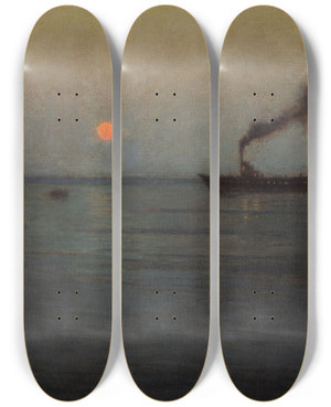 Triptych art skateboard deck of Birge Harrison Rosy Moon Off Charleston Harbor by Birge Harrison (1854-1929)