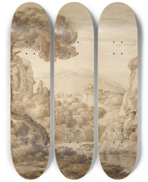 Triptych art skateboard deck of Franz Kobell Classical Landscape With Figures by Franz Kobell (1749-1822)