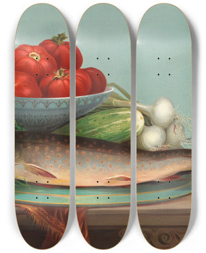 Triptych art skateboard deck of Robert Wilkie Trout Grouse Tomatoes by Robert Wilkie (1828-1903)