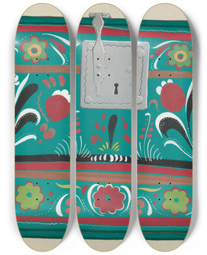Triptych art skateboard deck of Majel G Claflin Painted Chest by Majel G Claflin (1893-1941)