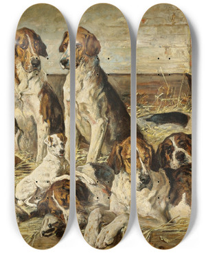 Triptych art skateboard deck of John Emms Hounds At Rest by John Emms (1843-1912)