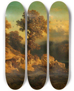 Triptych art skateboard deck of August Schaeffer Von Wienwald Herbstlandschaft by August Schaeffer Von Wienwald (1833-1916)