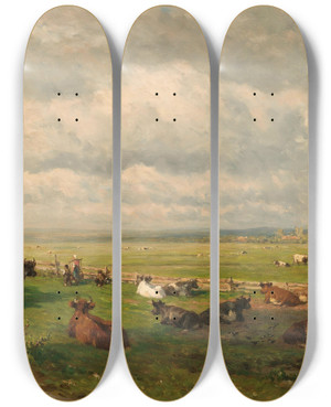 Triptych art skateboard deck of Willem Roelofs Meadow Landscape With Cattle by Willem Roelofs (1822-1897)