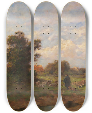 Triptych art skateboard deck of Dsir Thomassin Schfer Mit Seiner Herde Am Dorfrand by Desire Thomassin (1858-1933)