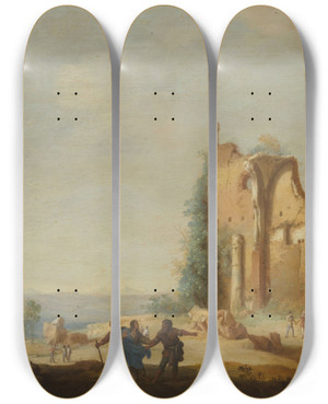 Triptych art skateboard deck of Bartholomeus Breenbergh Christ On The Way To Emmaus Luke 242829 by Bartholomeus Breenbergh (1598-1657)