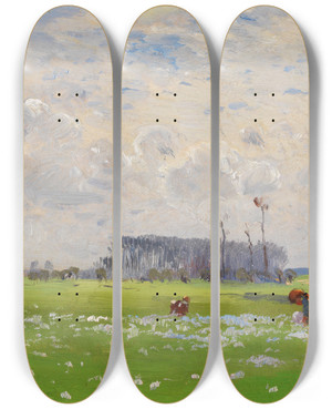Triptych art skateboard deck of Hugo Mhlig Sommerwiese Mit Blumenpflckenden Mdchen by Hugo Muhlig (1854-1929)