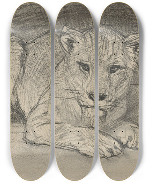 Triptych art skateboard deck of August Alleb Liggende Leeuwin by August Allebe (1838-1927)