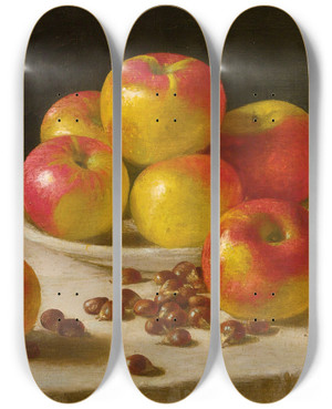 Triptych art skateboard deck of John F Francis Apples On A Table by John F Francis (1808-1886)