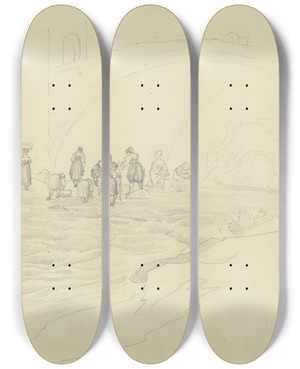Triptych art skateboard deck of August Lucas Wscherinnen Bei Einer Brcke by August Lucas (1803-1863)