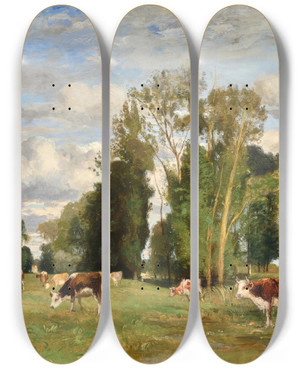 Triptych art skateboard deck of Eugen Jettel Weidende Khe by Eugen Jettel (1845-1901)