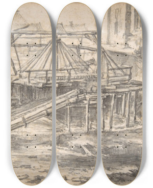 Triptych art skateboard deck of Jacob Van Ruisdael Dredging A Canal by Jacob Van Ruisdael (1628-1682)