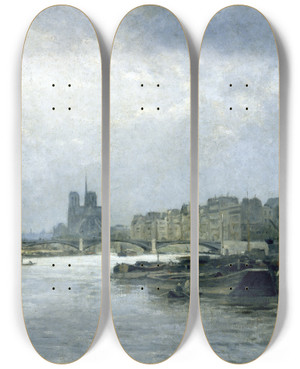 Triptych art skateboard deck of Stanislas Lpine Lle De La Cit Et Lle Saintlouis Vues Du Pont Dausterlitz by Stanislas Lepine (1835-1892)