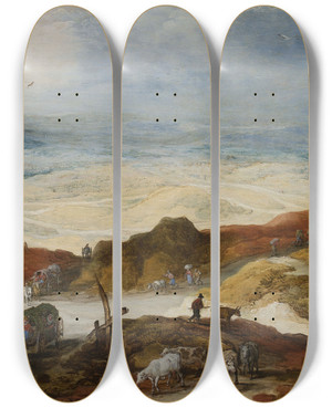 Triptych art skateboard deck of Joos De Momper Sandy Landscape With Travellers And Cattle by Joos de Momper (1564-1634)