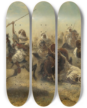 Triptych art skateboard deck of Adolf Schreyer The Charge_1 by Adolf Schreyer (1828-1899)