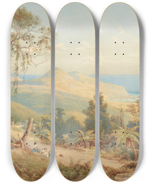 Triptych art skateboard deck of Nicholas Chevalier Sandfly Bay Otago by Nicholas Chevalier (1828-1902)
