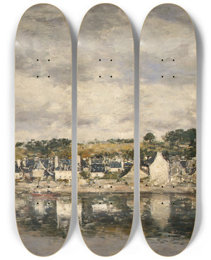 Triptych art skateboard deck of Eugne Boudin Village By A River by Eugene Boudin (1824-1898)