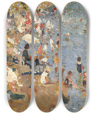 Triptych art skateboard deck of Cecilio Pl Y Gallardo La Playafigures On The Beach by Cecilio Pla Y Gallardo (1860-1934)