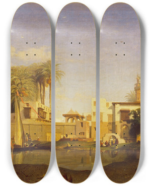 Triptych art skateboard deck of Prosper Marilhat Beni Suef On The Nile by Prosper Marilhat (1811-1847)