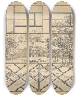 Triptych art skateboard deck of George Bickham The Elder Japan Railing A Hatch An Obtuce Paling Parallelgram Railing by George Bickham The Elder (1684-1758)