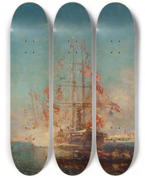 Triptych art skateboard deck of Flix Ziem Le Coup De Canon by Felix Ziem (1821-1911)