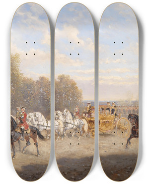 Triptych art skateboard deck of Alexander Von Bensa Groe Herrschaftliche Ausfahrt by Alexander Von Bensa (1820-1902)