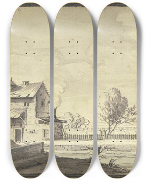 Triptych art skateboard deck of Johann Ludwig Aberli Ein Bauerngut An Einem Flchen by Johann Ludwig Aberli (1723-1786)