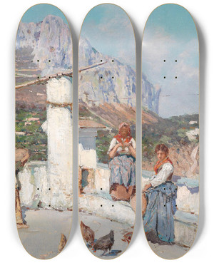 Triptych art skateboard deck of Giuseppe Giardiello Scene Da Capri by Giuseppe Giardiello (1877-1920)