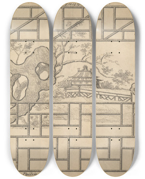 Triptych art skateboard deck of George Bickham The Elder A Chinese Single Bracd Railing A Hedge Double Pailing Gate by George Bickham The Elder (1684-1758)