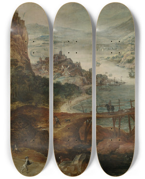 Triptych art skateboard deck of Joos De Momper River Landscape With Boar Hunt by Joos de Momper (1564-1634)