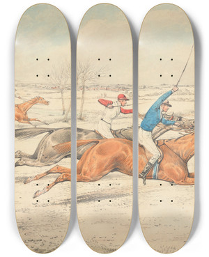 Triptych art skateboard deck of Henry Thomas Alken Steeplechasing Five Riders Galloping Right by Henry Thomas Alken (1785-1851)