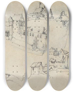 Triptych art skateboard deck of Augustin Hirschvogel Hilltop Castles by Augustin Hirschvogel (1503-1553)