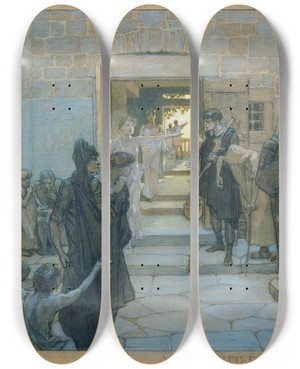 Triptych art skateboard deck of August Hoffmann Von Vestenhof Amor Janitor by August Hoffmann Von Vestenhof (1849-1922)