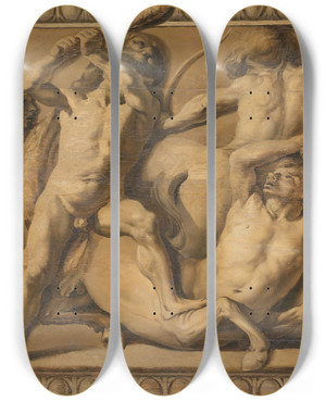 Triptych art skateboard deck of Jacob Van Campen Hercules Slays The Centaurs Jupiter Defeating The Centaurs by Jacob Van Campen (1596-1657)