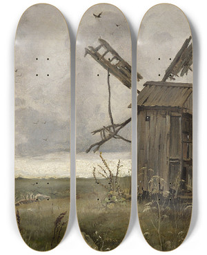 Triptych art skateboard deck of Jan Stanislawski Ukrainian Windmill by Jan Stanislawski (1860-1907)