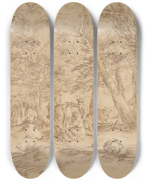 Triptych art skateboard deck of Jan Lievens Landscape With Milkmaid by Jan Lievens (1607-1674)