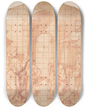 Triptych art skateboard deck of Andrea Lilio Saint Benedict At The School In Rome by Andrea Lilio (1555-1642)