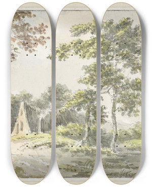 Triptych art skateboard deck of Cecilia Barbiers Landschap Met Rustende Wandelaar by Cecilia Barbiers (18-)
