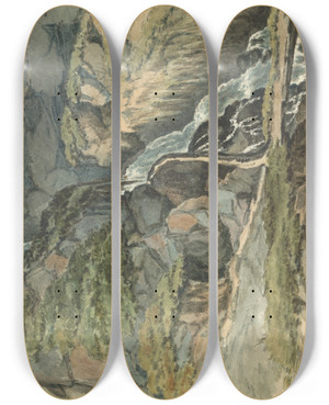 Triptych art skateboard deck of Thomas Bradshaw A Waterfall by Thomas Bradshaw (1767)