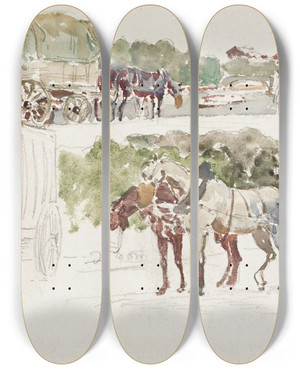 Triptych art skateboard deck of Frdric Houbron Voitures Et Charrettes Atteles by Frederic Houbron (1851-1908)