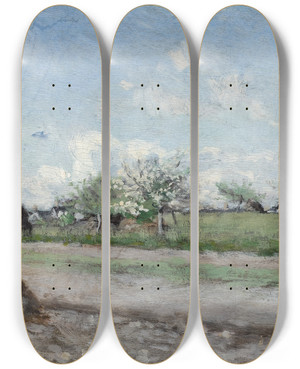 Triptych art skateboard deck of Axel Lindman Apple Tree In Flower Motif From Barbizon by Axel Lindman (1848-1930)